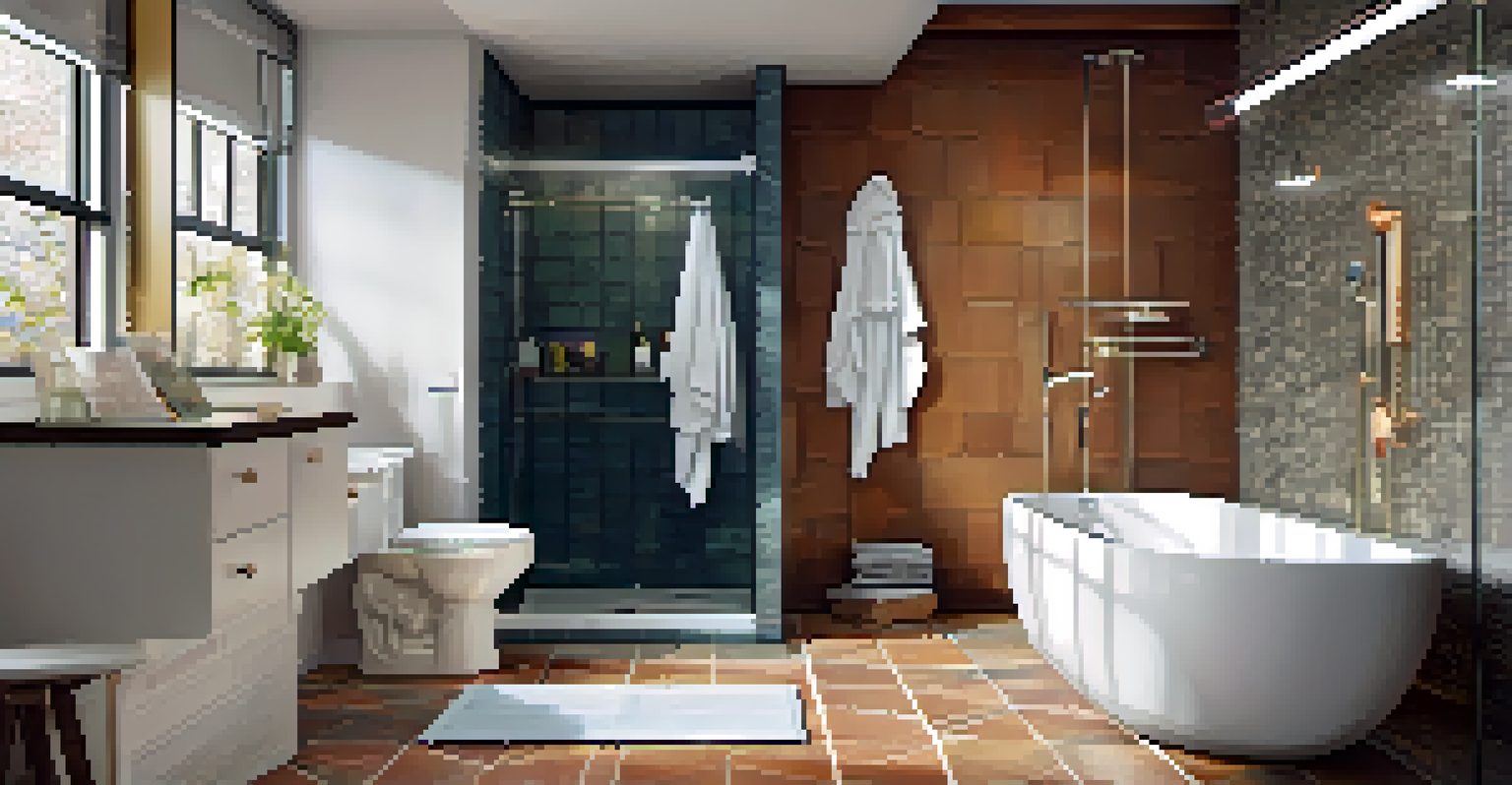 An accessible bathroom with grab bars and a modern shower, illuminated with bright lighting and featuring contrasting colors for better visibility.