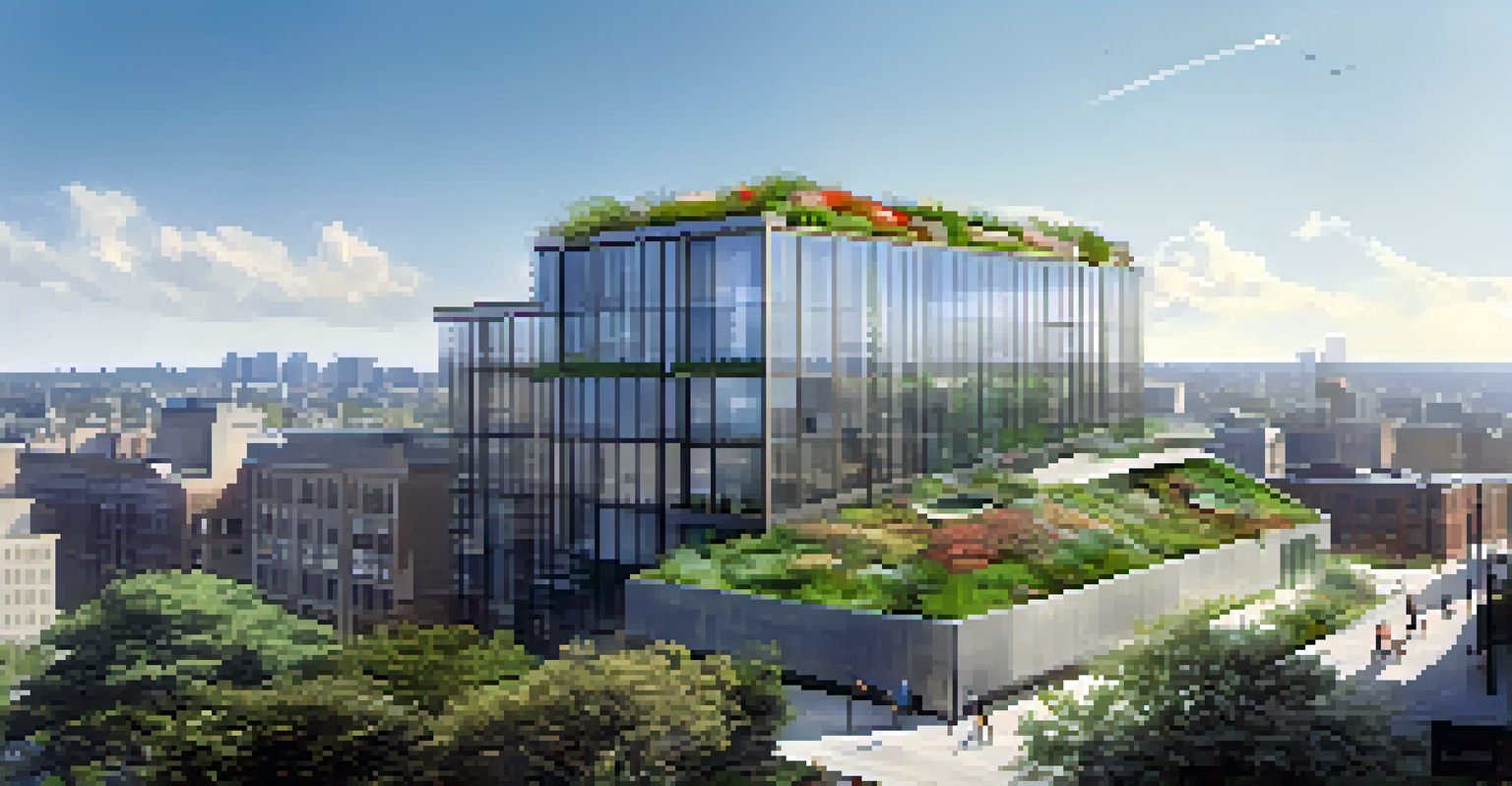 Aerial view of a building with a sloped green roof surrounded by city structures, showcasing a blend of nature and urban life.