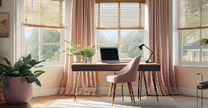 A bright and spacious modern home office with a stylish desk, laptop, and potted plant, featuring a view of a garden through a large window.
