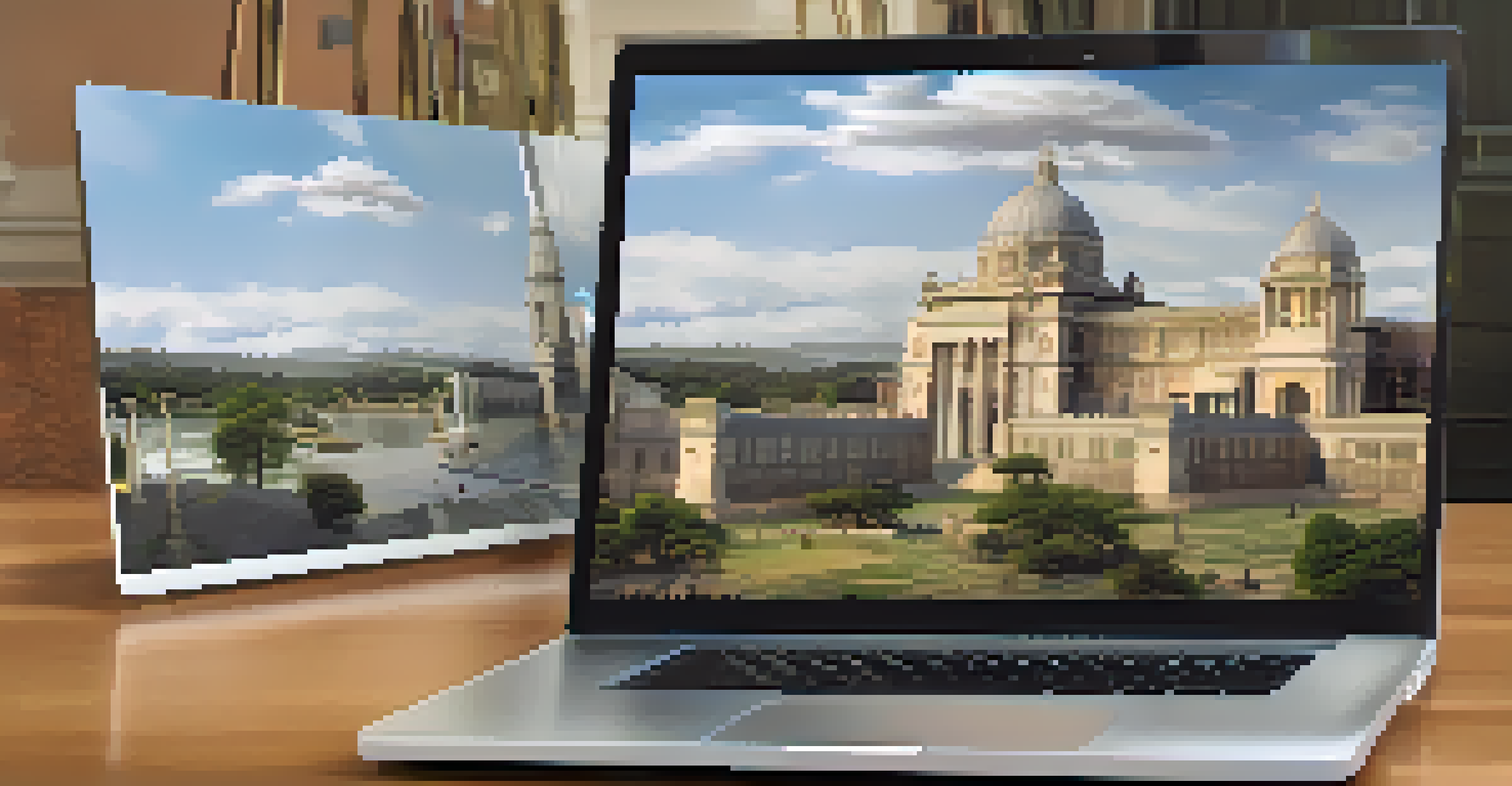 A laptop screen displaying an interactive virtual tour of a historical landmark with clickable hotspots and a user interacting with it.