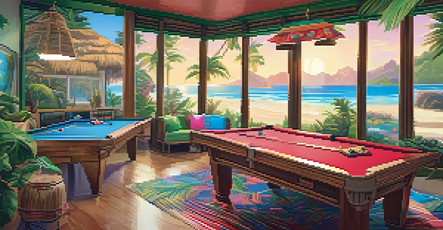 A lively game room decorated for summer with tropical themes, bright colors, and LED lighting.