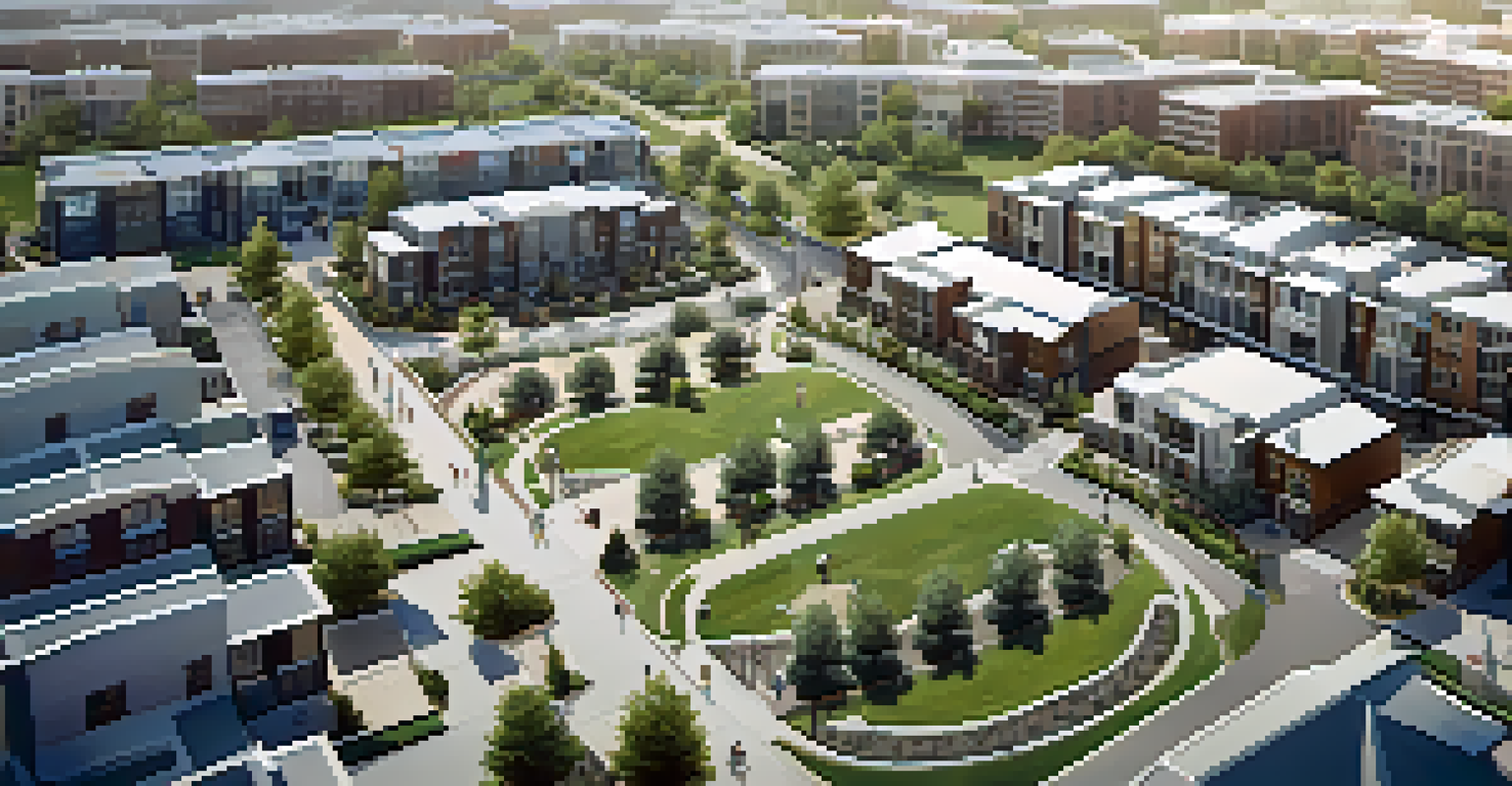 An aerial view of a developing neighborhood with construction sites and green spaces.