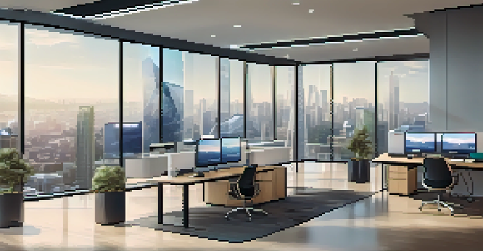 A modern real estate office with a digital screen showing blockchain transactions and a city skyline view.