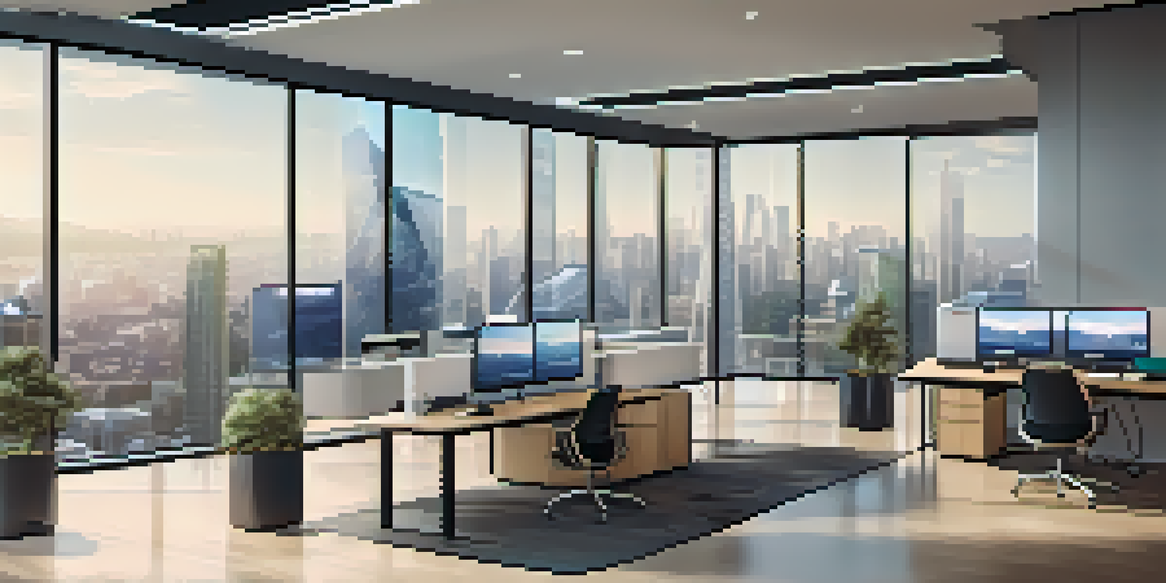 A modern real estate office with a digital screen showing blockchain transactions and a city skyline view.