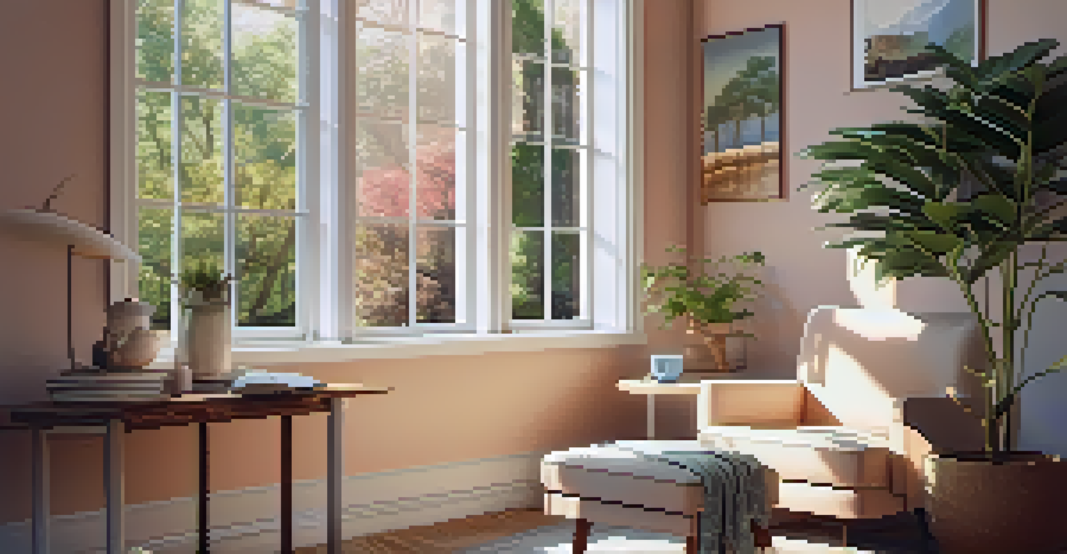 A cozy reading nook by a window, featuring an armchair, a side table, and a tall plant, all illuminated by sunlight.
