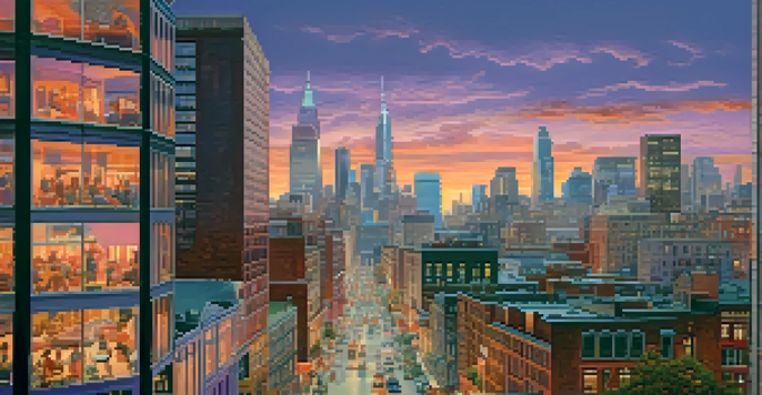 A vibrant urban skyline at sunset with modern skyscrapers and historical buildings, featuring a colorful sky and busy streets.
