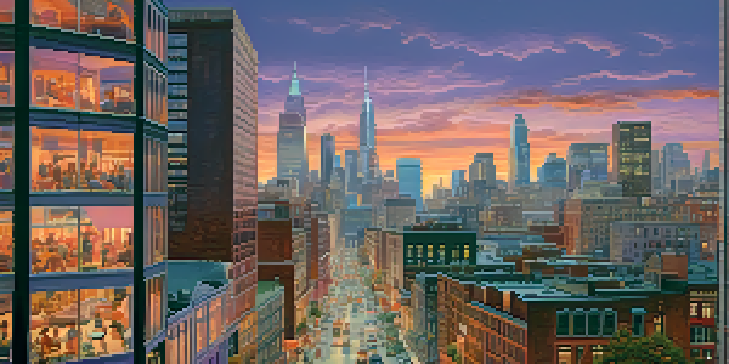 A vibrant urban skyline at sunset with modern skyscrapers and historical buildings, featuring a colorful sky and busy streets.