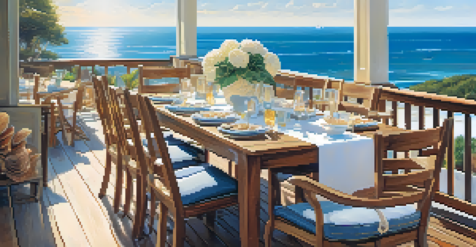 An outdoor dining area with a view of the ocean, featuring a table decorated with seashells and nautical decor.