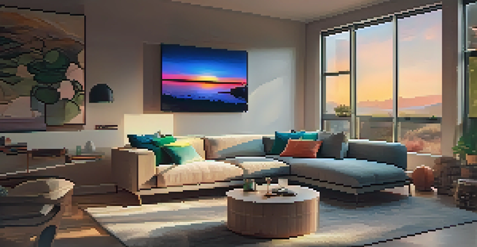 A contemporary living room with smart lighting and a smart speaker on the coffee table, illuminated by a sunset through the window.