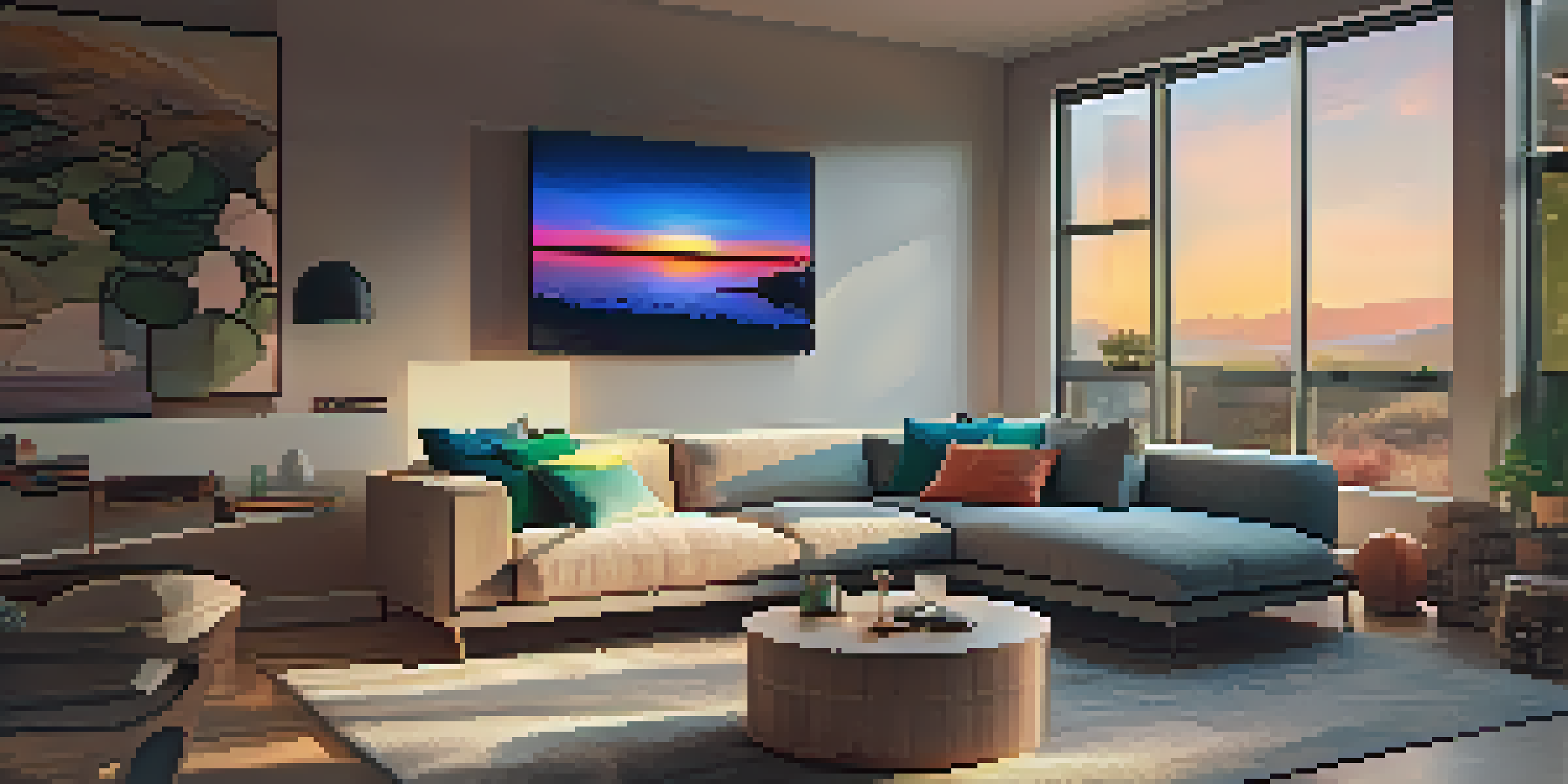 A contemporary living room with smart lighting and a smart speaker on the coffee table, illuminated by a sunset through the window.