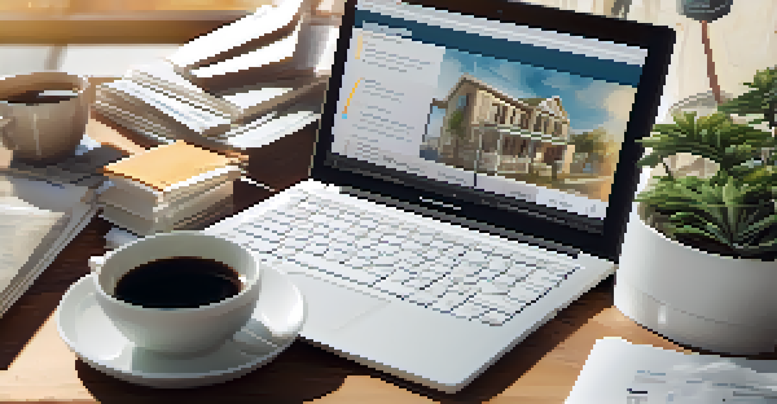 A person analyzing real estate investment options on a laptop with documents and a coffee cup in a cozy workspace.