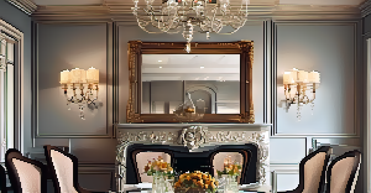 A vintage mirror above a rustic fireplace in a dining room, reflecting candlelight and a floral centerpiece.