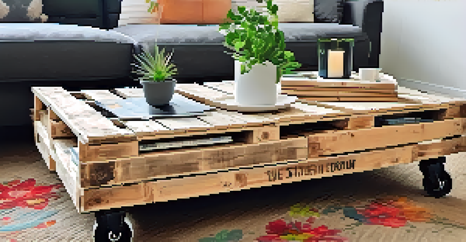A DIY rustic coffee table made from pallets with wheels, set in a creatively decorated living space.