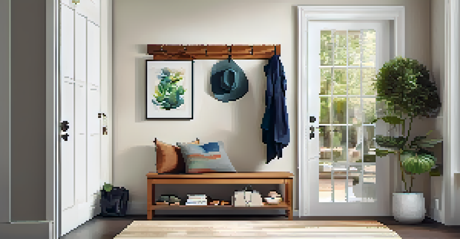 An organized entryway with a stylish bench, wall-mounted hooks, and vibrant artwork, all illuminated with warm lighting.