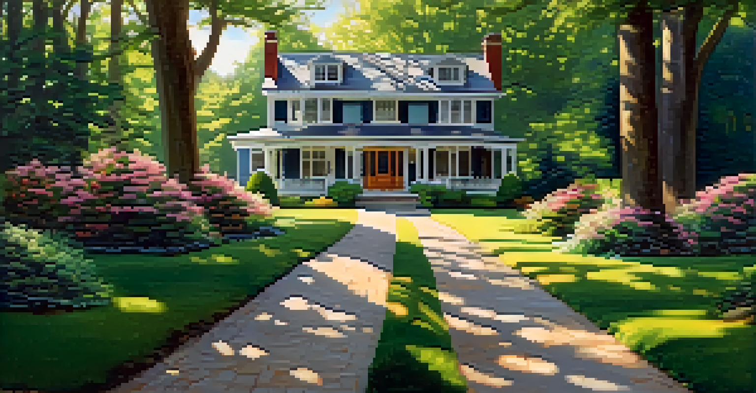 A peaceful historic home surrounded by tall trees and a winding path, creating a tranquil atmosphere.