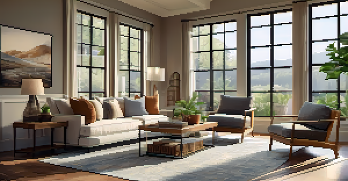 A staged living room with modern furniture and warm lighting, creating an inviting atmosphere.