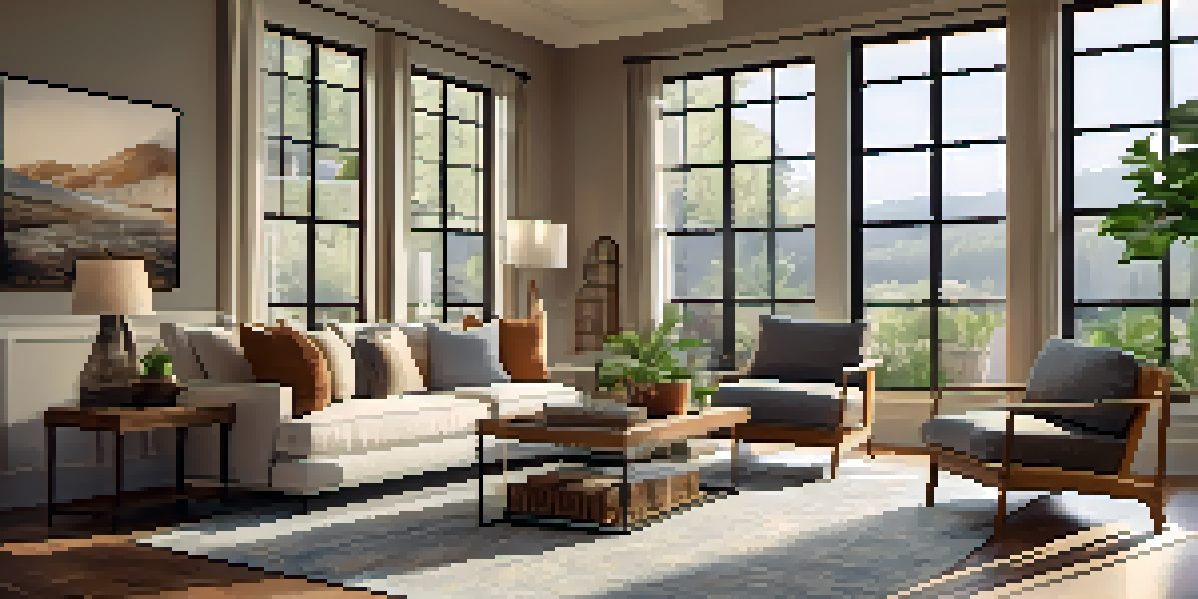 A staged living room with modern furniture and warm lighting, creating an inviting atmosphere.