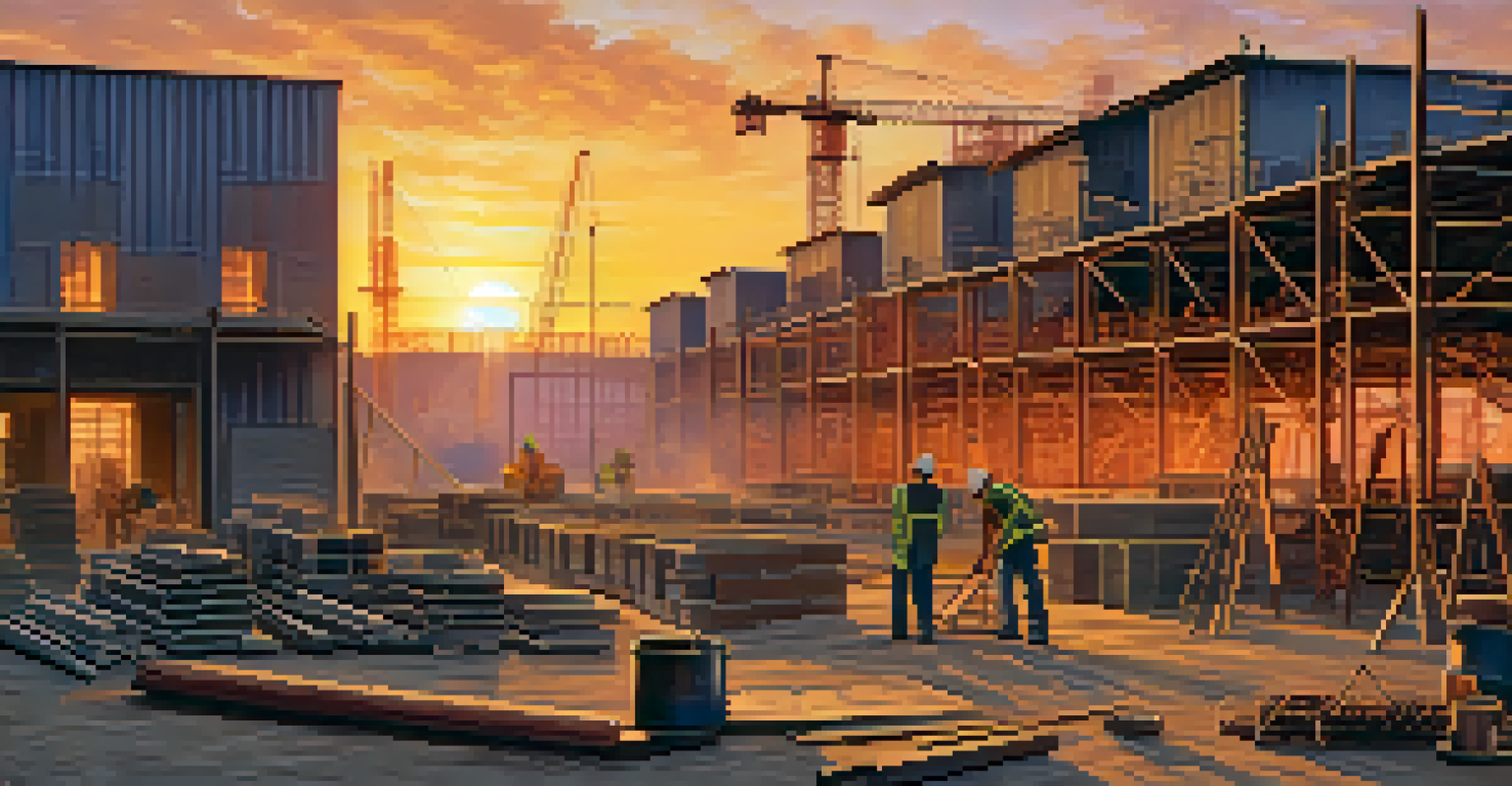 A construction site at sunset, with workers and building materials, highlighting the connection between inflation and housing supply.