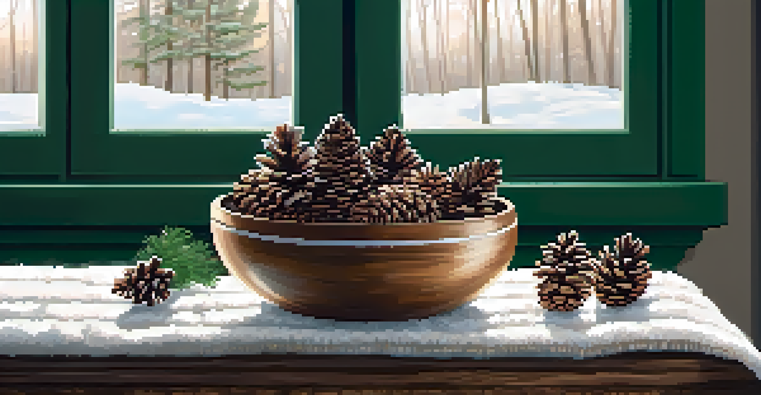 A rustic winter decor scene with a bowl of pinecones and evergreen branches, illuminated by soft string lights.