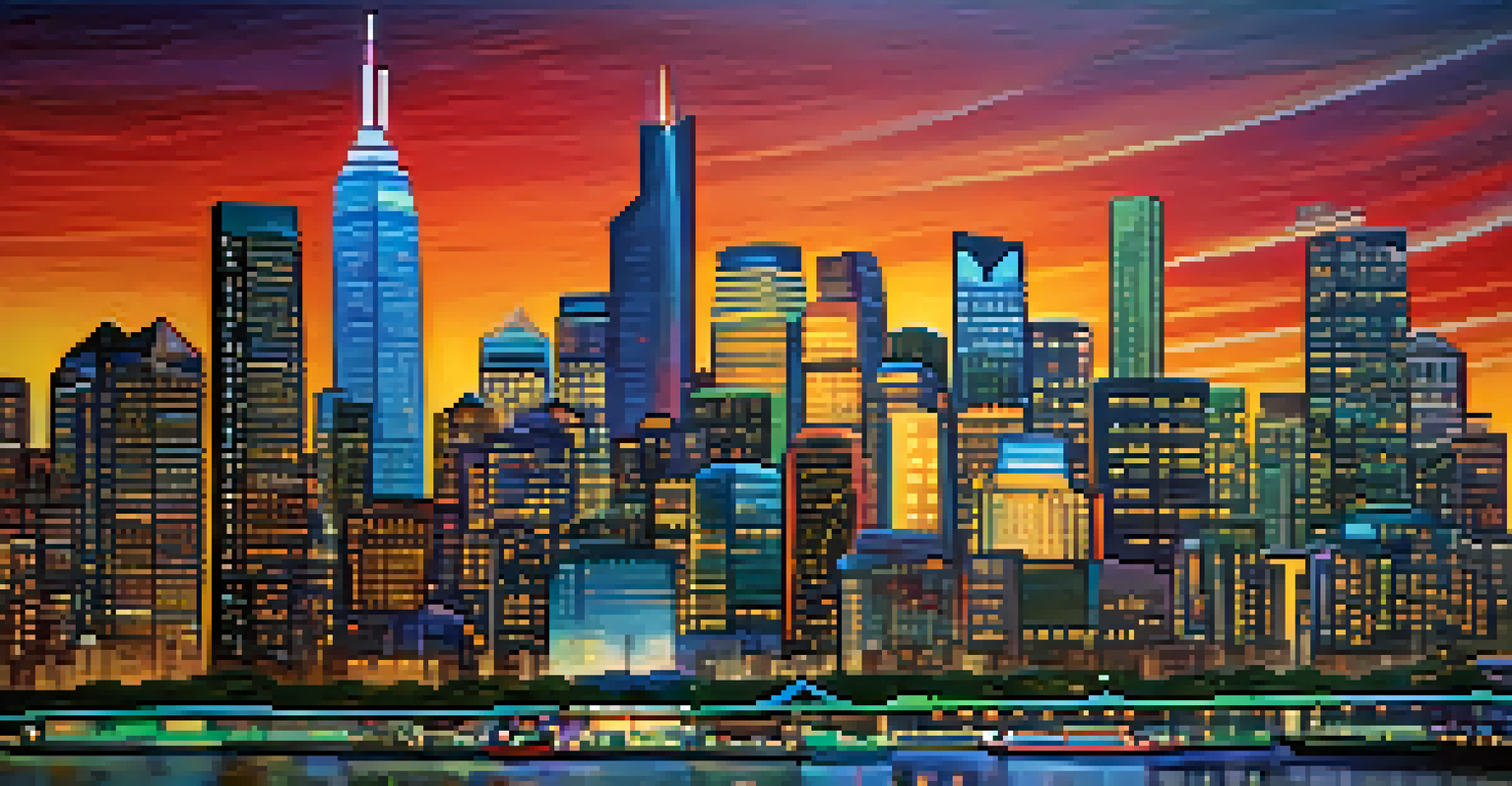 A financial graph showing growth in front of a city skyline.