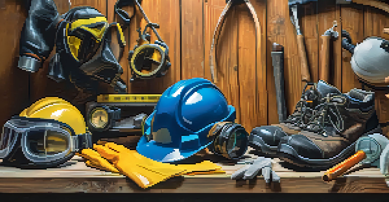 Safety gear including goggles, gloves, and a dust mask arranged on a workbench with warm lighting.