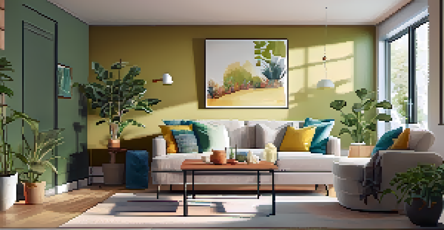 A cozy living room featuring a new sofa, colorful decor, and a warm ambiance.
