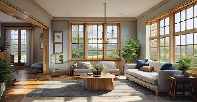 A warm and inviting living room with bamboo flooring, natural stone accents, and large windows filled with sunlight, decorated with plants and eco-friendly furniture.