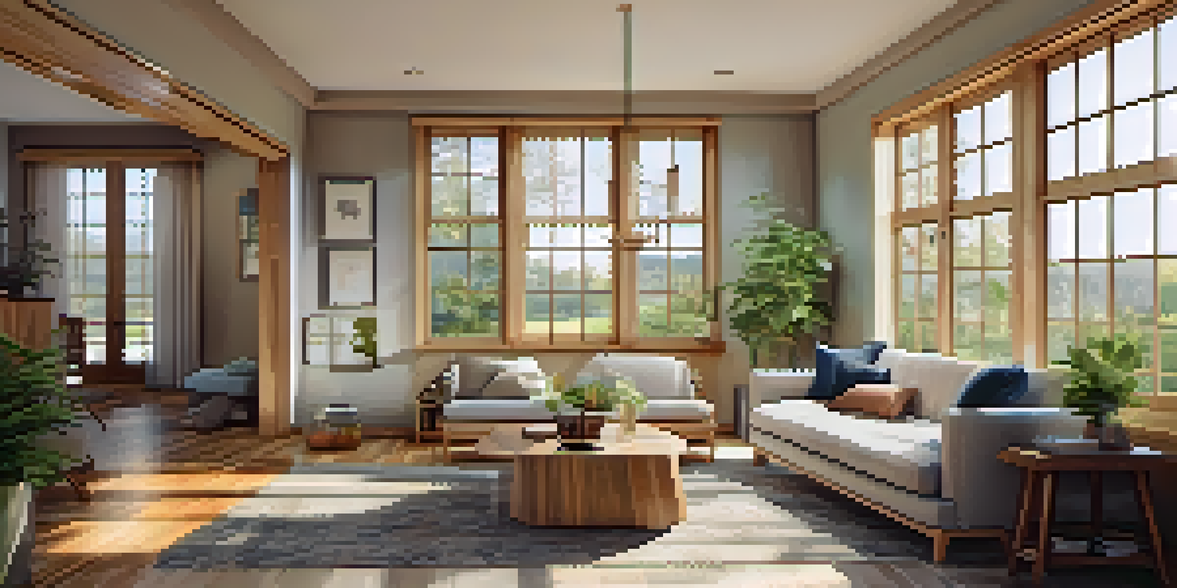 A warm and inviting living room with bamboo flooring, natural stone accents, and large windows filled with sunlight, decorated with plants and eco-friendly furniture.