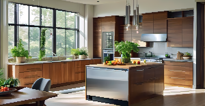 A bright modern kitchen with energy-efficient appliances, warm wooden cabinetry, and a bowl of fresh fruit on the countertop.