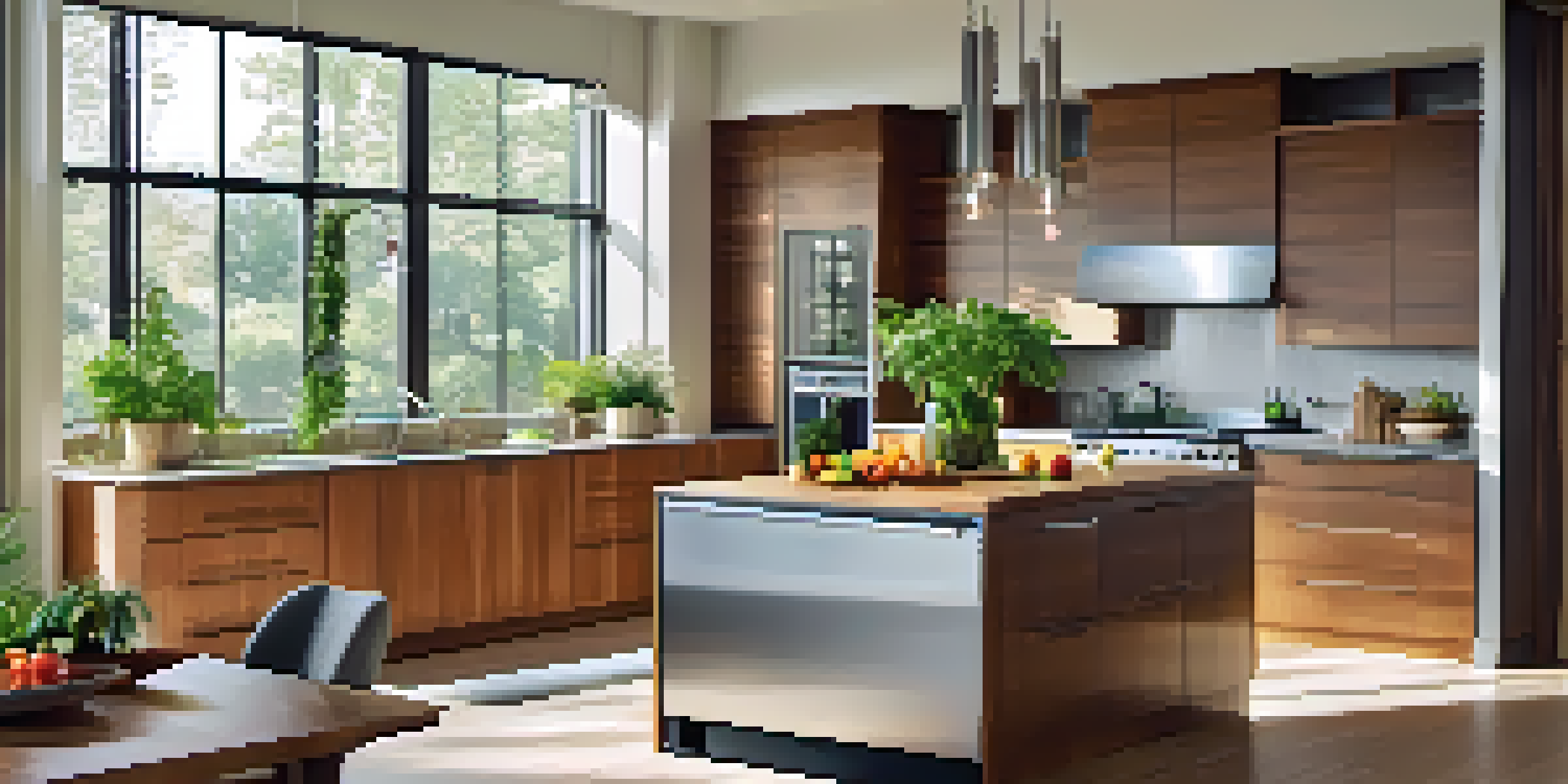A bright modern kitchen with energy-efficient appliances, warm wooden cabinetry, and a bowl of fresh fruit on the countertop.