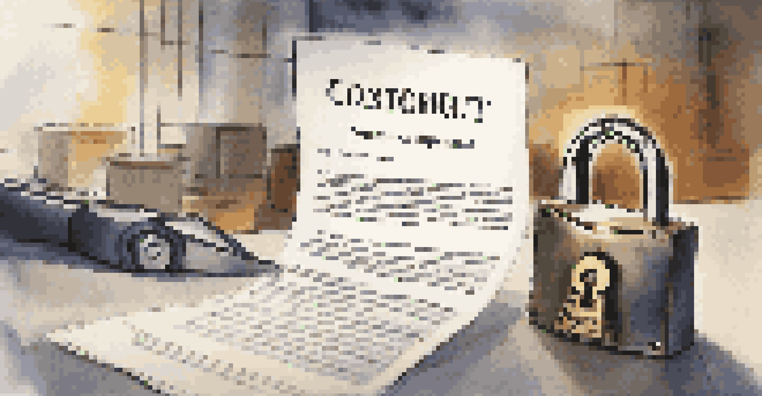 A padlock on a rolled-up contract featuring contingency clauses, set against a blurred office background with dim lighting.