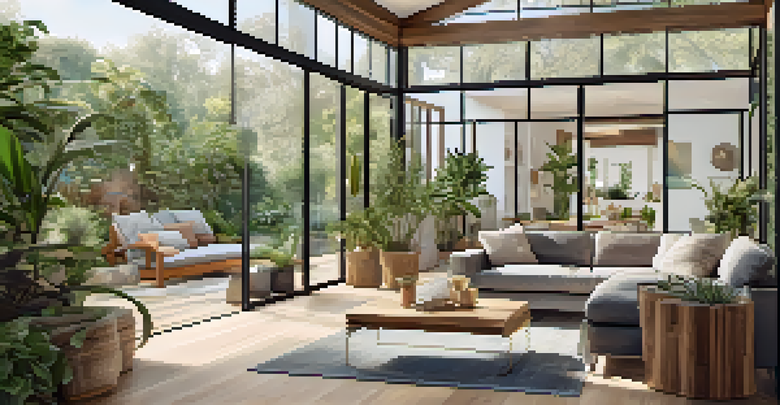 A bright living room integrated with an indoor garden, featuring large glass doors leading to an outdoor patio, adorned with plants and natural furniture.