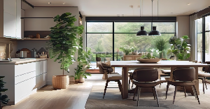 A bright and inviting open-concept living area with a modern kitchen, dining space, and large windows letting in natural light.