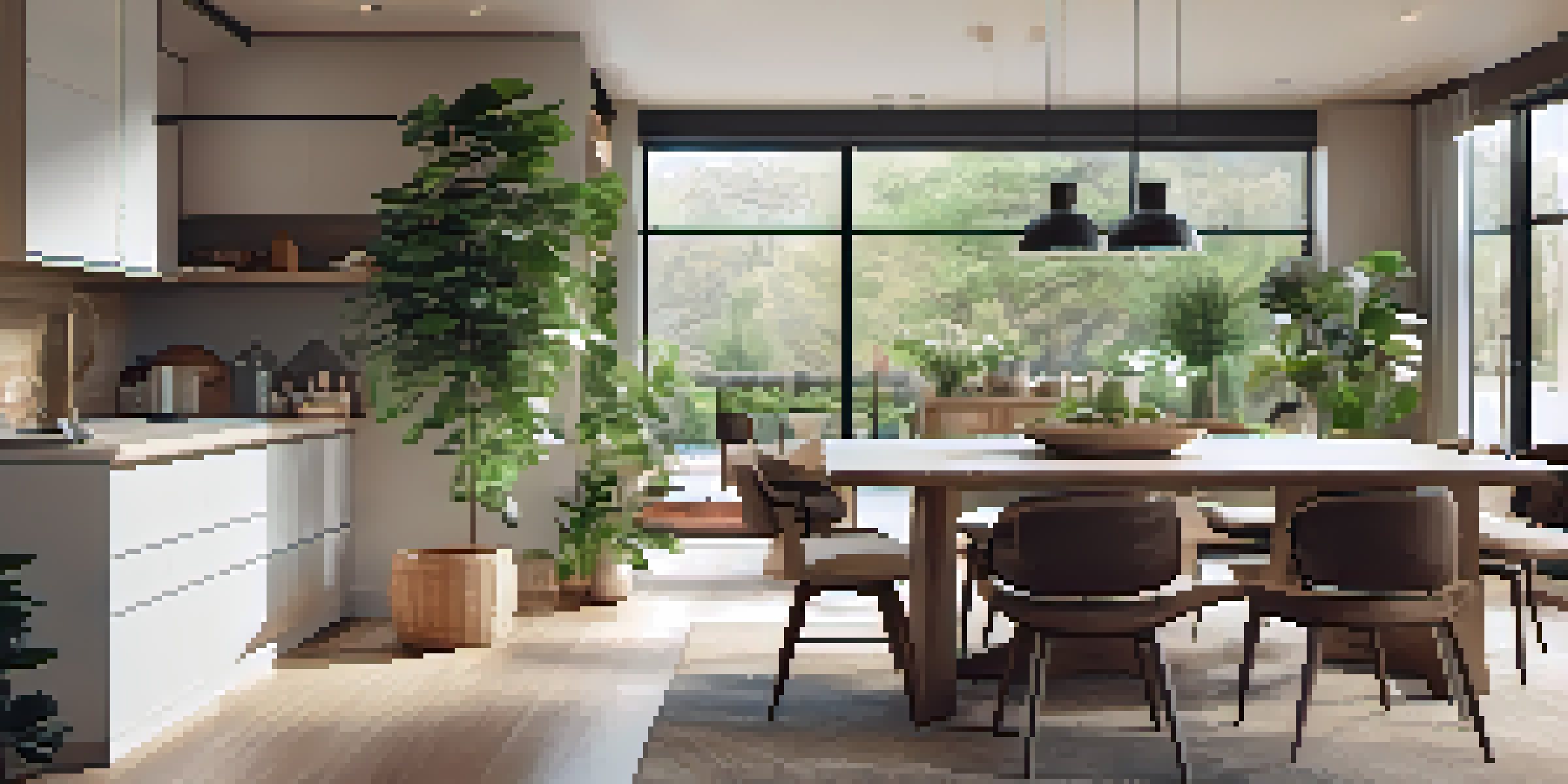 A bright and inviting open-concept living area with a modern kitchen, dining space, and large windows letting in natural light.