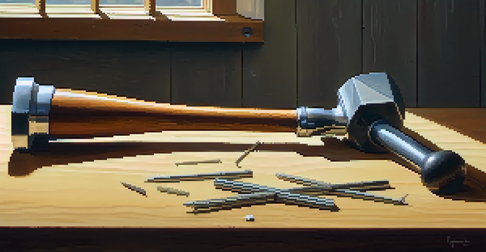 A close-up of a hammer on a wooden workbench with nails and a measuring tape, illuminated by sunlight.