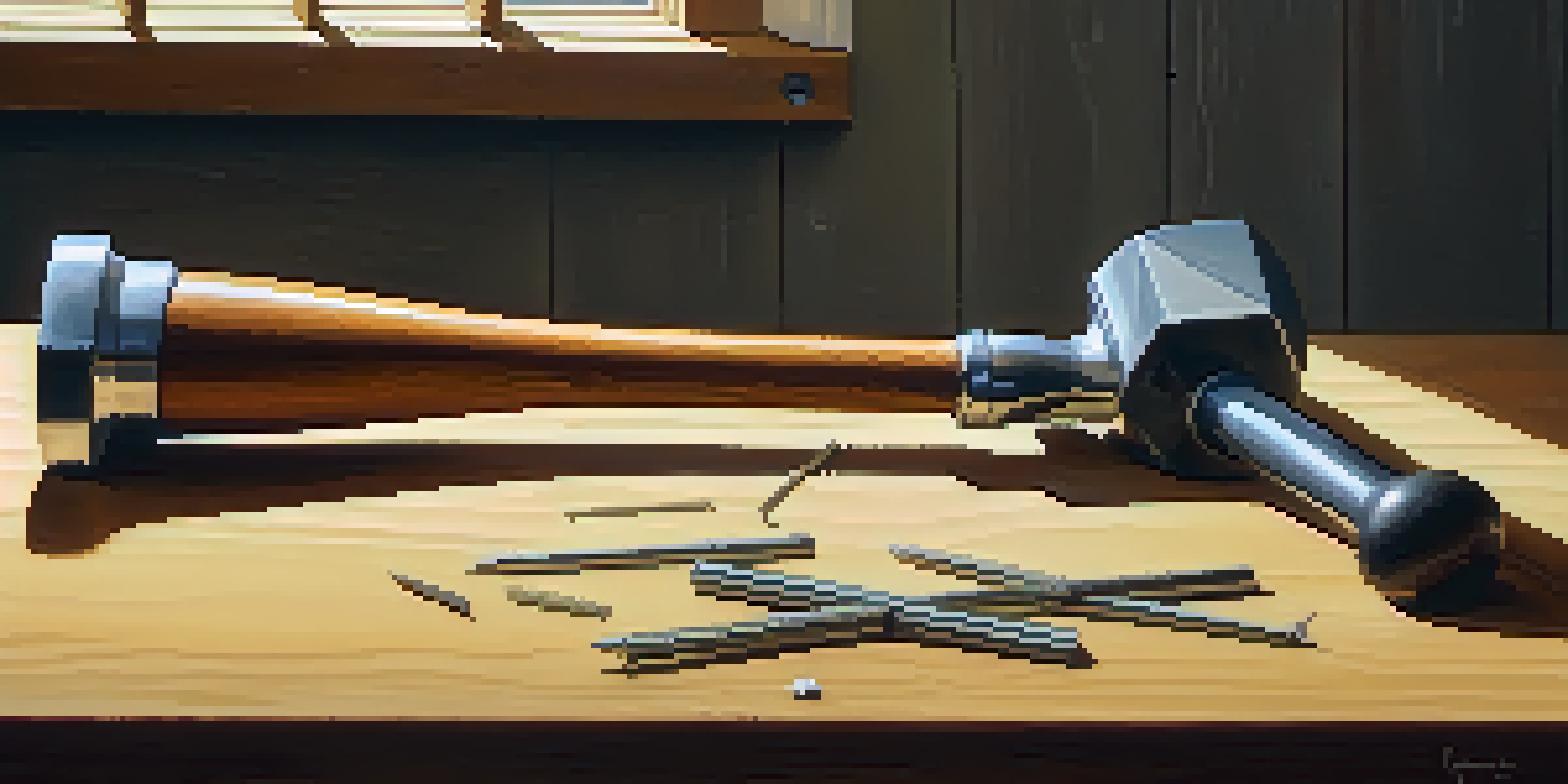 A close-up of a hammer on a wooden workbench with nails and a measuring tape, illuminated by sunlight.