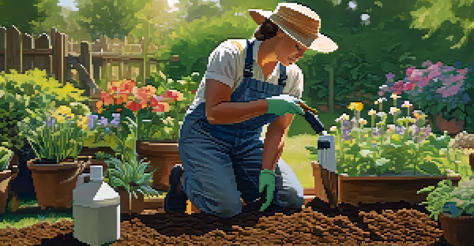 A gardener testing soil using a pH test kit, surrounded by blooming plants and gardening tools in warm afternoon light.