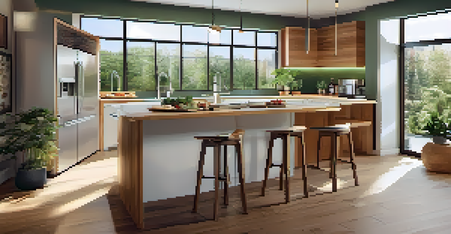 A modern kitchen featuring energy-efficient appliances, recycled countertops, and natural light from large windows.