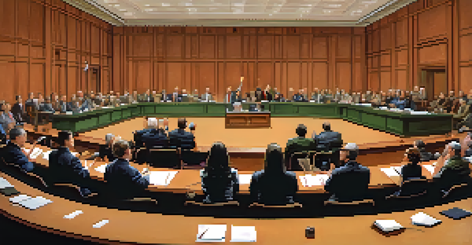 A public hearing session with officials and community members discussing local zoning laws in a government building.