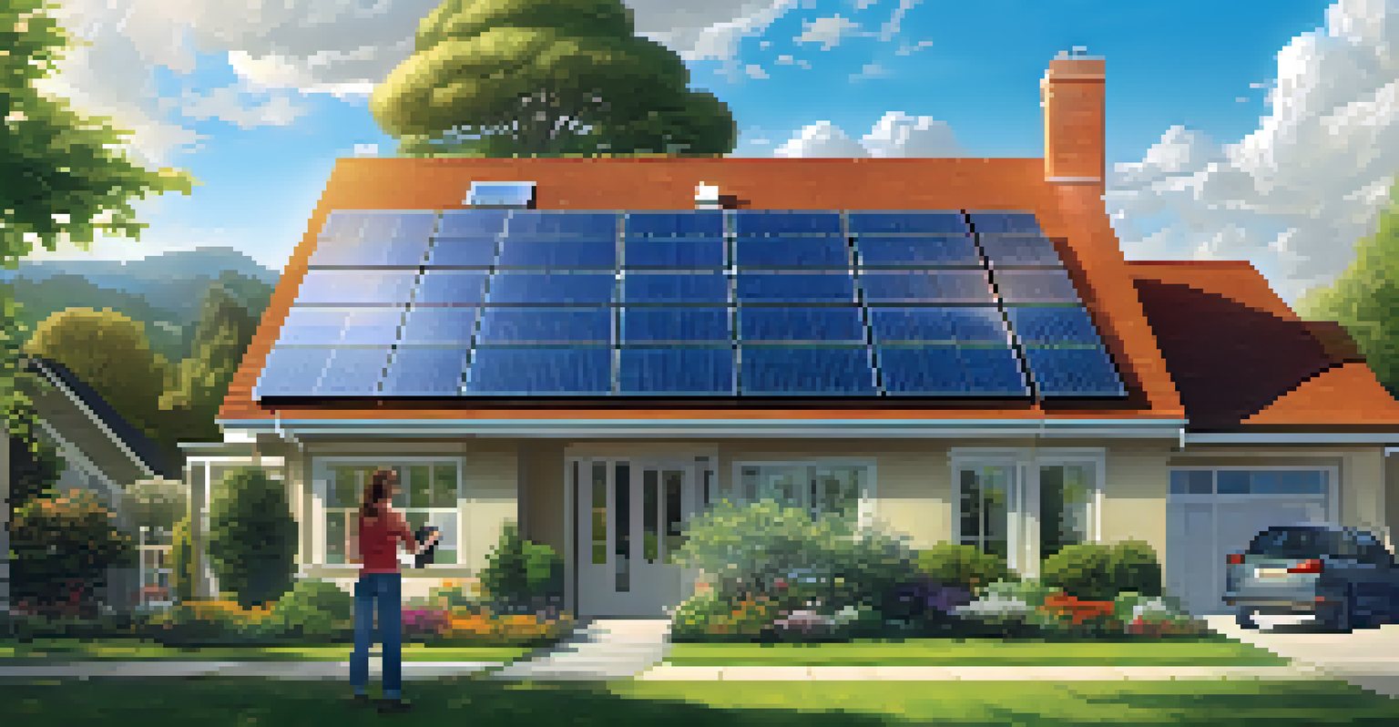 A family outdoors using a mobile device to monitor their Home Energy Management System with solar panels in the background.