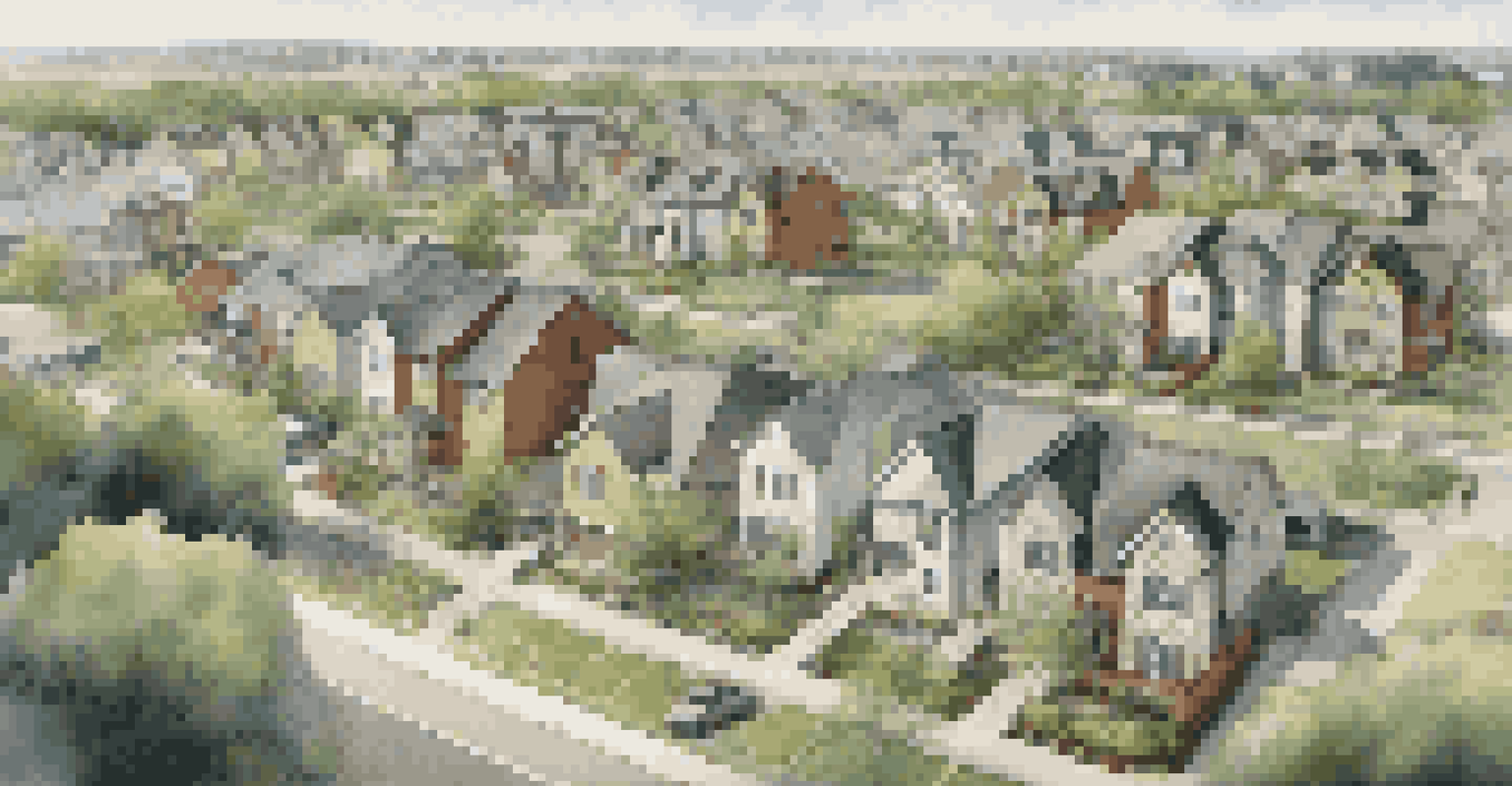 An aerial view of a neighborhood with new homes being built, showing completed houses and construction sites surrounded by greenery.