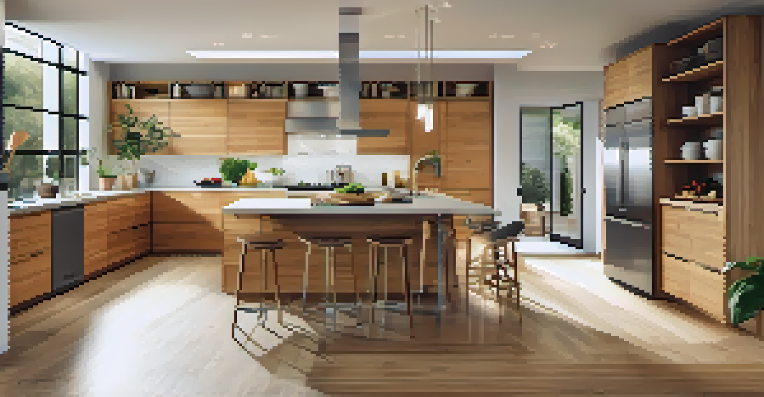 A spacious modern kitchen with stainless steel appliances and sustainable materials.