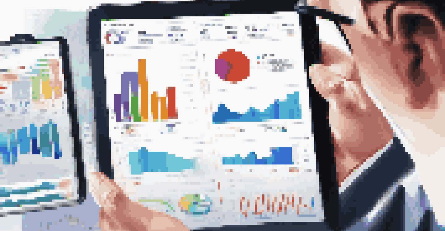 A real estate agent examining market trends on a tablet, with vibrant charts and graphs in the background.