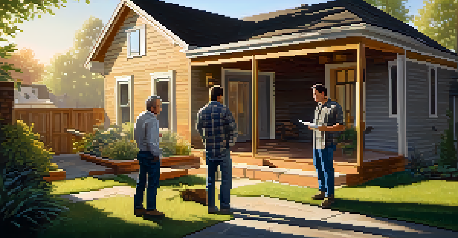 A contractor and homeowner discussing renovation plans in front of a partially renovated house during golden hour.