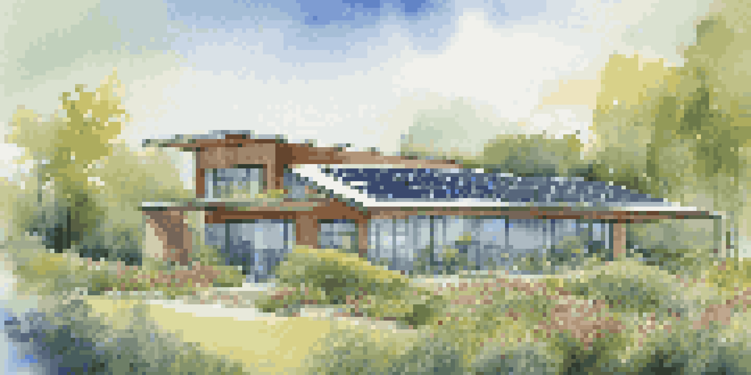 A contemporary sustainable building with solar panels, large windows, and a garden filled with native plants under a blue sky.
