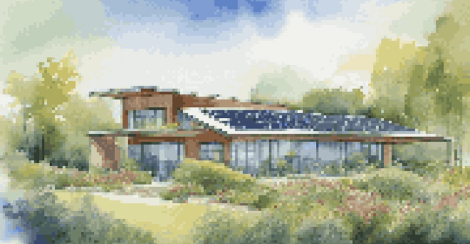 A contemporary sustainable building with solar panels, large windows, and a garden filled with native plants under a blue sky.