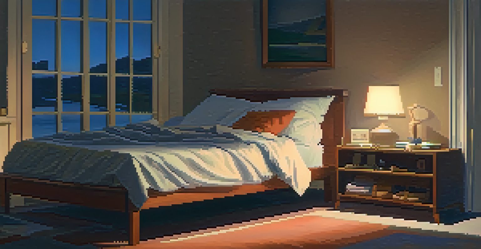 A serene bedroom at night with a neatly made bed, clothes laid out, and a person tidying up, creating a calming atmosphere.