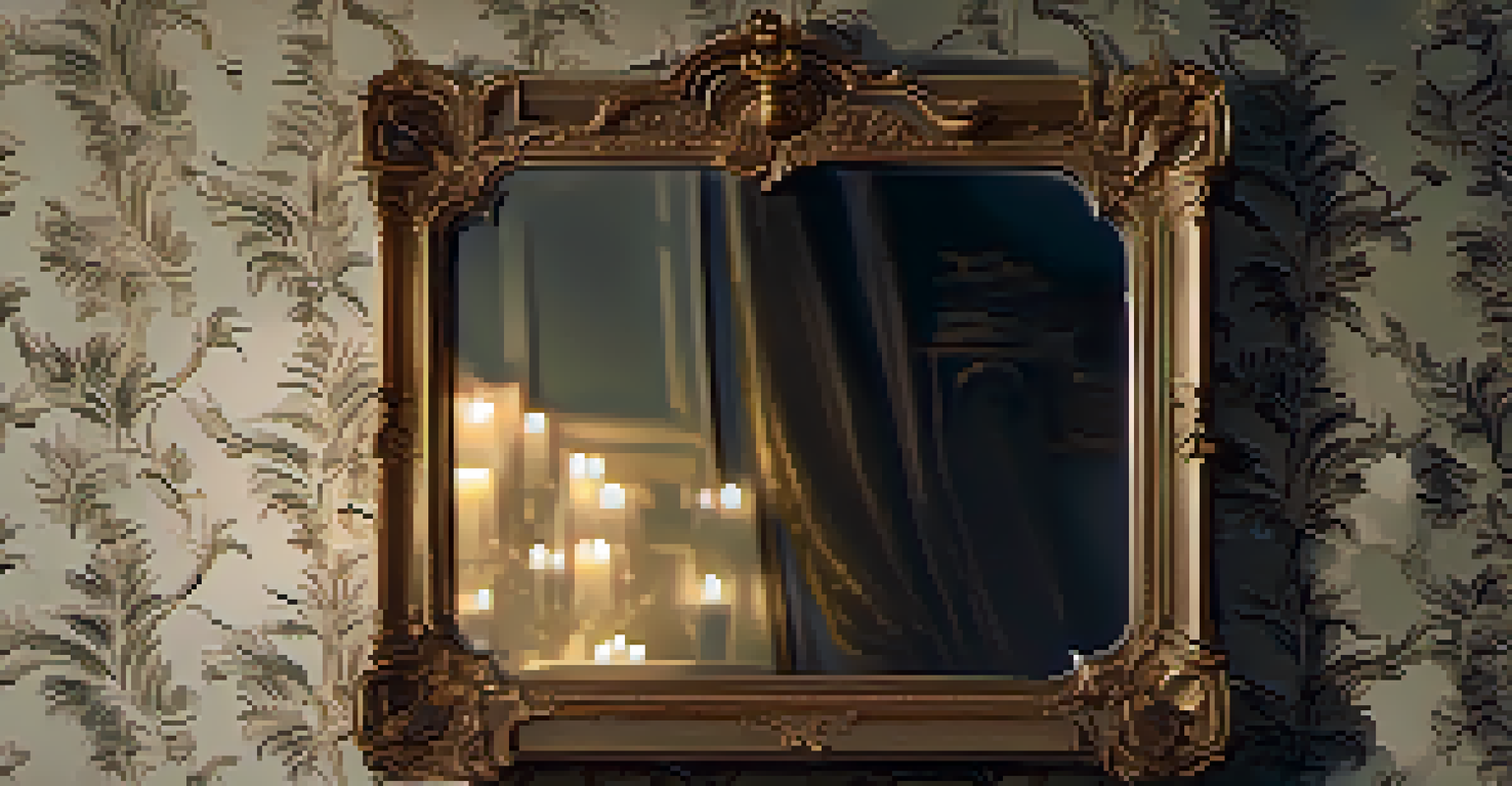 An ornate gold-framed antique mirror reflecting candlelight in a vintage wallpapered room.