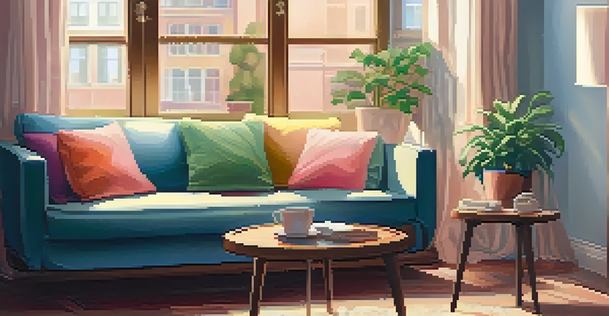 A cozy living room with a sofa, colorful cushions, and plants, illuminated by warm lighting.