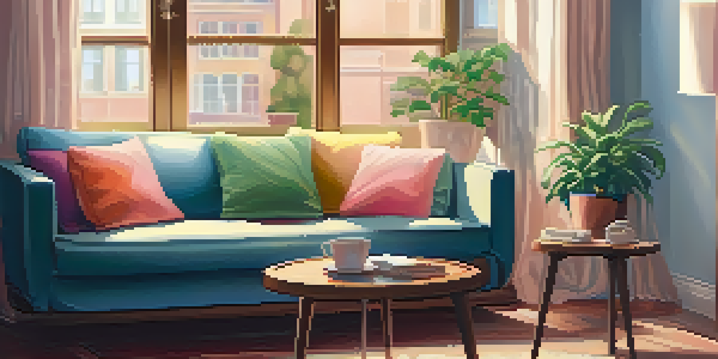 A cozy living room with a sofa, colorful cushions, and plants, illuminated by warm lighting.